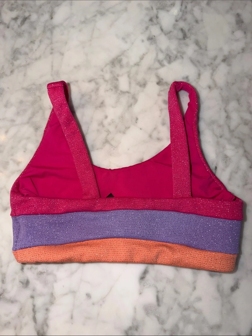 Beach Riot Girls Glitter Pink Two-Piece Bikini with Purple and Orange Bands 3/4Y